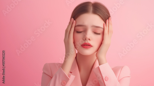 Woman with blond hair experiencing headache, holding her head with both hands, migraine and stress concept, pink background, pain and discomfort, health and mental wellness, anxiety and tension relief photo