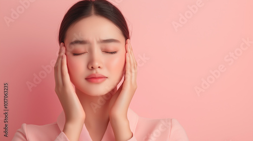 Woman with black hair experiencing headache, holding her head with both hands, migraine and stress concept, pink background, pain and discomfort, health and mental wellness, anxiety and tension relief photo