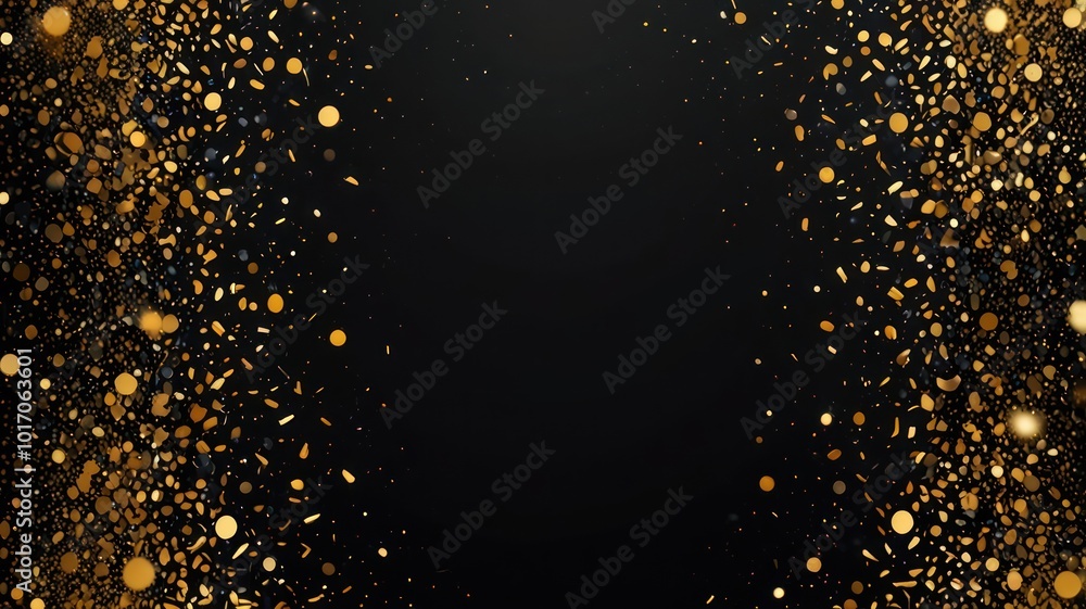 A black background with a golden confetti border. A black background with a golden confetti border.