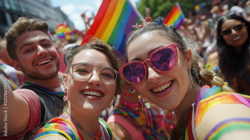 Cheerful selfie of a group of LGBTQIA people in a pride parade, looking at camera smiling holding rainbow flags. Concept of Supporting the Homosexual community. Cheerful selfie of a group of LGBTQIA people in a pride parade, looking at camera smiling holding rainbow flags. Concept of Supporting the Homosexual community.
