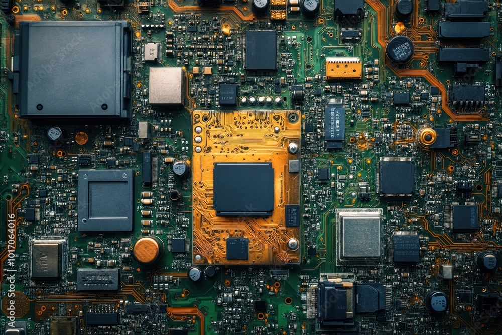 Close-up of a circuit board with various components and connectors, showcasing the intricate design of electronic technology. Close-up of a circuit board with various components and connectors, showcasing the intricate design of electronic technology.