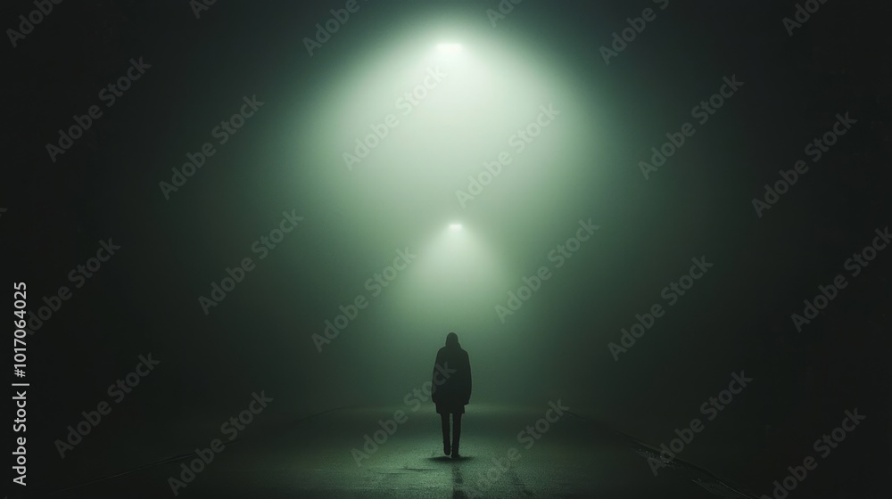 Midnight Wanderer - A Dark Aesthetic Noir Scene with Mysterious Pedestrian Walking Through Foggy Street Towards Light, Anticipation Cinematic Atmosphere Midnight Wanderer - A Dark Aesthetic Noir Scene with Mysterious Pedestrian Walking Through Foggy Street Towards Light, Anticipation Cinematic Atmosphere