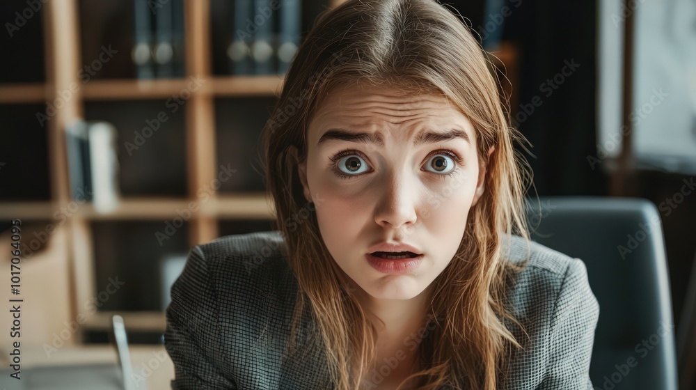 A shocked young Caucasian woman sits nervously at an investigation office, giving testimony, embodying the tension of a crime court case. A shocked young Caucasian woman sits nervously at an investigation office, giving testimony, embodying the tension of a crime court case.