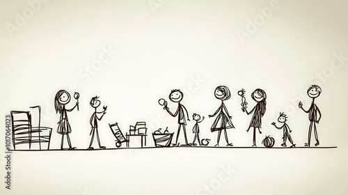 A set of stick figure drawings detailing a familya??s daily activities, showcasing the rhythm and routine of their everyday lives. photo