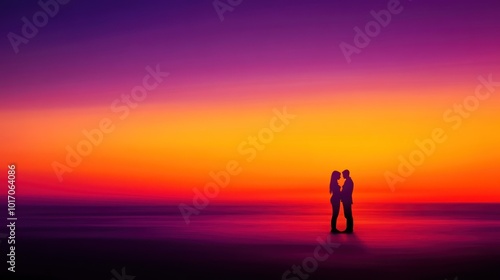 A couple embraces against a vibrant sunset, symbolizing love and connection.