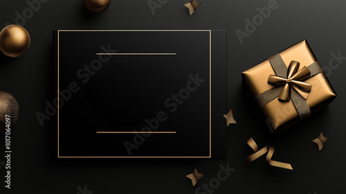 Black Friday sale banner with luxury black gift box and golden ribbon, holiday shopping event, elegant design, premium retail promotion, stylish festive advertisement for discounts, minimalist concept photo