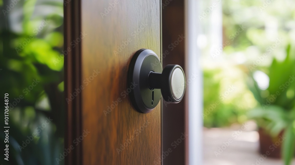 Obraz premium A close-up of a modern door handle with a blurred green background.