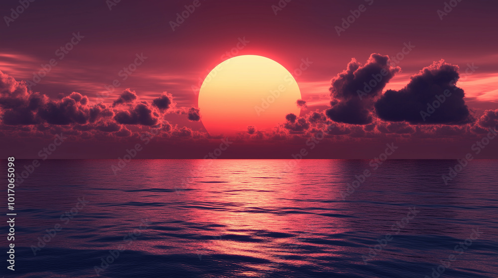 Fototapeta premium Niebo wypełnia się barwami zachodzącego słońca, które powoli opada na horyzont, a chmury stają się żywymi paletami kolorów. 