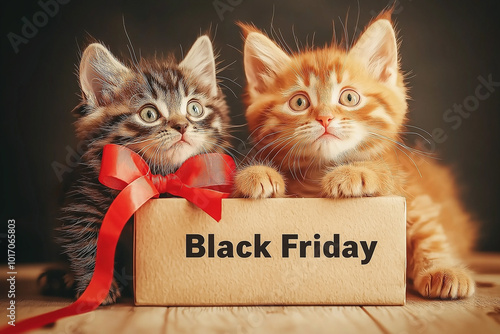 Two fluffy cats in box with Black Friday sale sign, cute kittens and festive red ribbon, holiday shopping promotion concept, adorable pets, retail event, cozy and charming seasonal advertisement photo