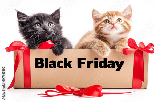 Two fluffy cats in box with Black Friday sale sign, cute kittens and festive red ribbon, holiday shopping promotion concept, adorable pets, retail event, cozy and charming seasonal advertisement photo