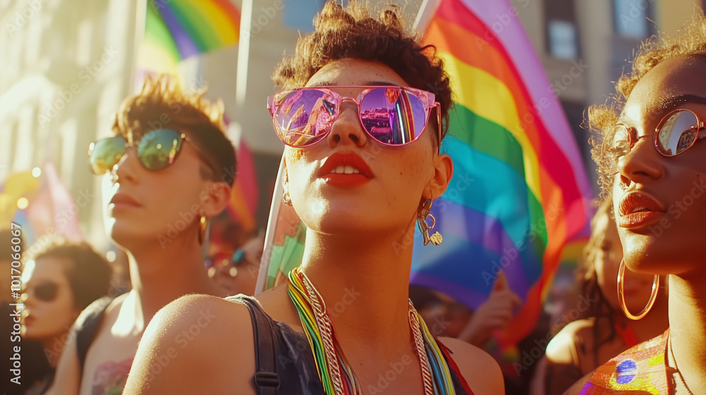 Naklejka premium Podczas parady, tłum ludzi trzyma tęczowe flagi i różnorodne banery, wyrażając wsparcie dla społeczności LGBTQ+.