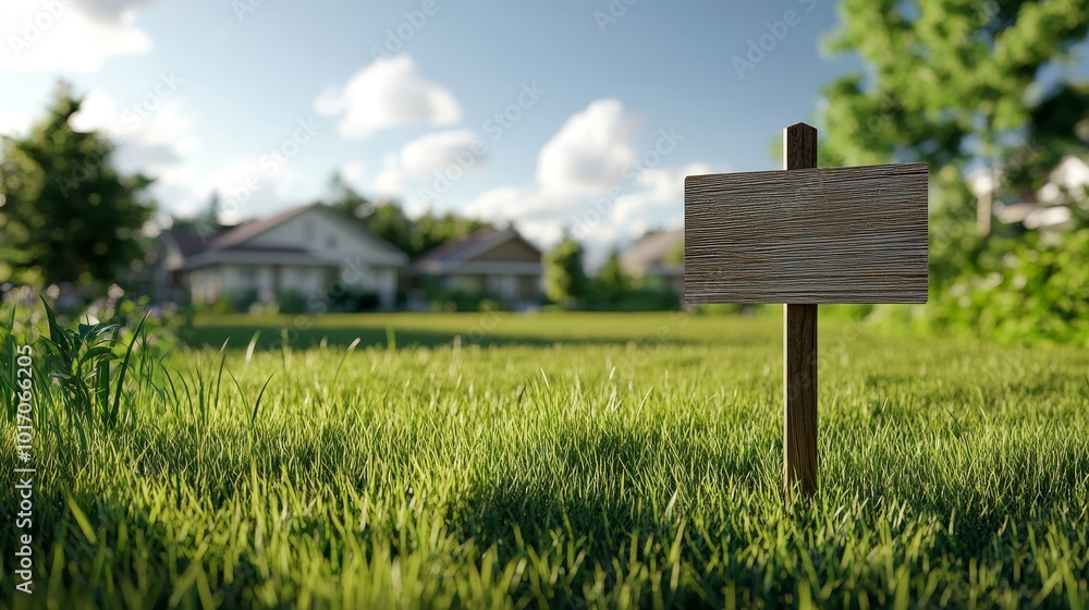 Naklejka premium Detailed 3D land sign in a grassy field, representing real estate sale and property investment.