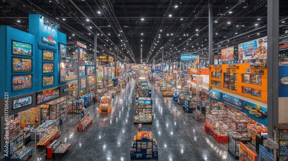 A wide shot of a toy store with aisles stocked with toys. A wide shot of a toy store with aisles stocked with toys.