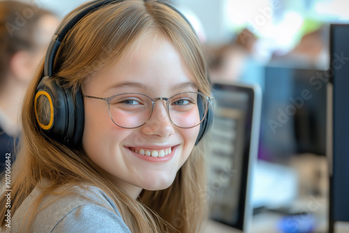 Smiling young woman wearing glasses, student in classroom setting, confident and happy, education and learning concept, study session, focus on academic success, bright and cheerful expression photo