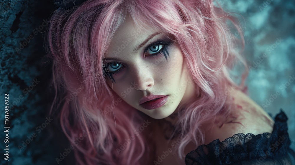 Fototapeta premium Elegant and Eerie Portrait of a Woman with Pink Hair, Porcelain Skin, and Dark Makeup, Dressed as Alice in Creampunk-Style Fashion Against a Surreal Background