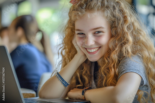 Smiling young woman wearing glasses, student in classroom setting, confident and happy, education and learning concept, study session, focus on academic success, bright and cheerful expression photo