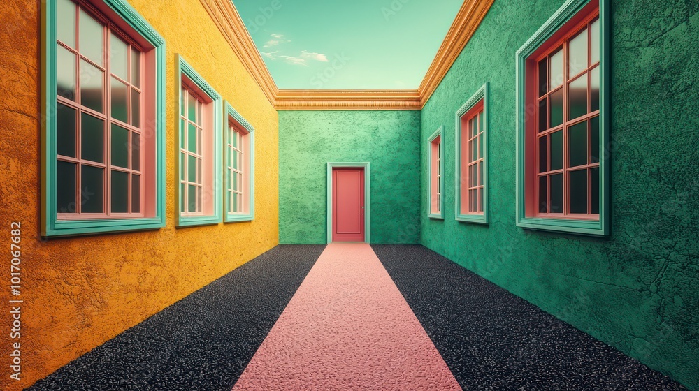 Trendy residence with cerulean window frames, a rose terrace, and amber walls The path is blush, leading to a peridot door, with a charcoal lawn under a mint sky Trendy residence with cerulean window frames, a rose terrace, and amber walls The path is blush, leading to a peridot door, with a charcoal lawn under a mint sky