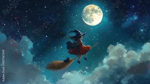 A young witch flying on her broomstick across a starry night sky, with a full moon in the background. She looks playful and mischievous, her witch's hat tilted slightly, with a black cat.