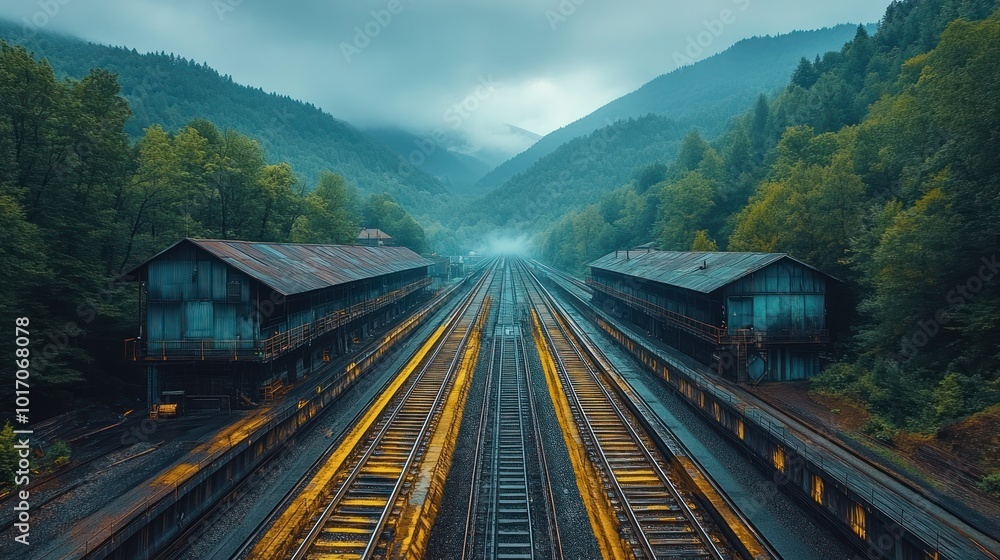 A long, straight train track leading towards a misty mountain valley with two old abandoned buildings on either side. A long, straight train track leading towards a misty mountain valley with two old abandoned buildings on either side.