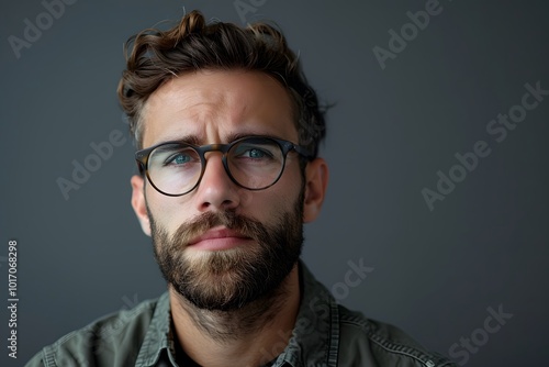 Thoughtful Portrait of a Man with Glasses and Curly Hair Against a Dark Background