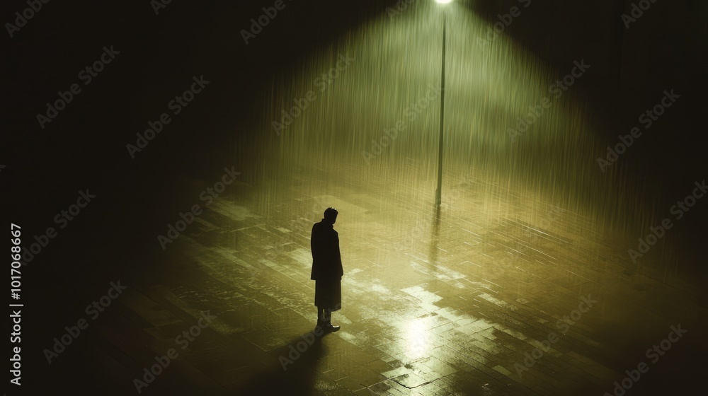 Urban Noir Cinematic Scene with Shadowy Figure Standing under Flickering Street Lamp on Rain-Soaked Pavement Urban Noir Cinematic Scene with Shadowy Figure Standing under Flickering Street Lamp on Rain-Soaked Pavement