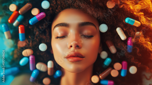 Young woman meditating surrounded by floating pills, mental health and wellness concept, focus on stress relief, pharmaceutical drugs, healthcare and treatment, calm expression, emotional balance photo