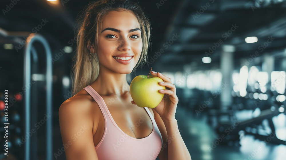 Naklejka premium Młoda kobieta w siłowni odpoczywa po intensywnym treningu, trzymając w dłoni zielone jabłko.