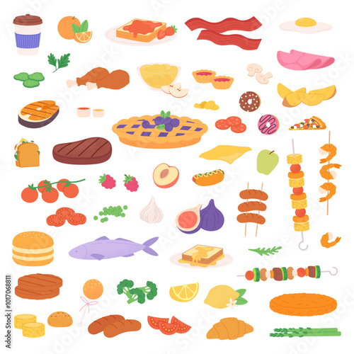 Isolated food icons set. Breakfast lunch dinner products and meals. Burger sandwich pie bread buns peach apple fish meat steak sausages vegetables vector set