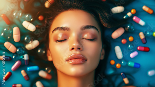 Young woman meditating surrounded by floating pills, mental health and wellness concept, focus on stress relief, pharmaceutical drugs, healthcare and treatment, calm expression, emotional balance photo