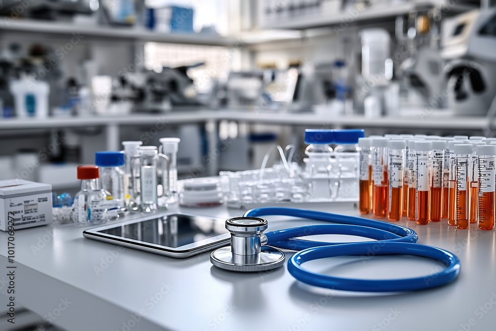 A blue stethoscope and tablet rest on a clean white surface in a research lab filled with scientific equipment and glassware during the day A blue stethoscope and tablet rest on a clean white surface in a research lab filled with scientific equipment and glassware during the day