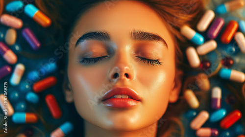 Young woman meditating surrounded by floating pills, mental health and wellness concept, focus on stress relief, pharmaceutical drugs, healthcare and treatment, calm expression, emotional balance photo