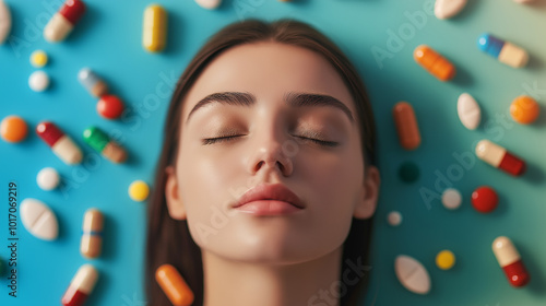 Young woman meditating surrounded by floating pills, mental health and wellness concept, focus on stress relief, pharmaceutical drugs, healthcare and treatment, calm expression, emotional balance photo