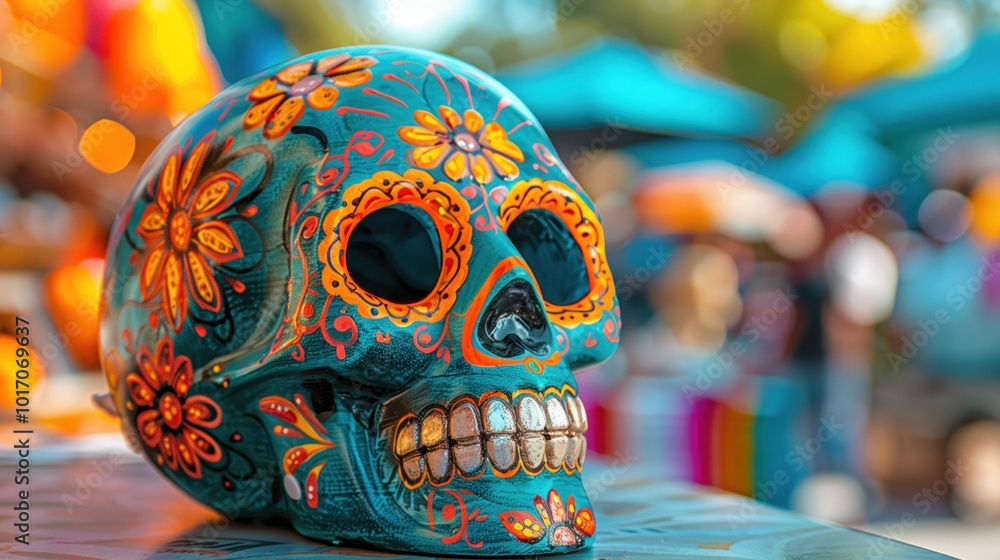 Fototapeta premium Colorful Day of the Dead skull with intricate floral patterns in vibrant setting. Celebrating Mexican culture and artistry through symbolic decorations.