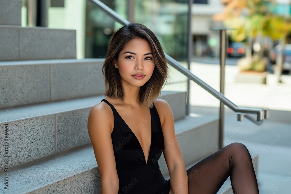 A confident Latina woman with caramel-toned skin poses gracefully on outdoor steps in a sunlit urban area A confident Latina woman with caramel-toned skin poses gracefully on outdoor steps in a sunlit urban area