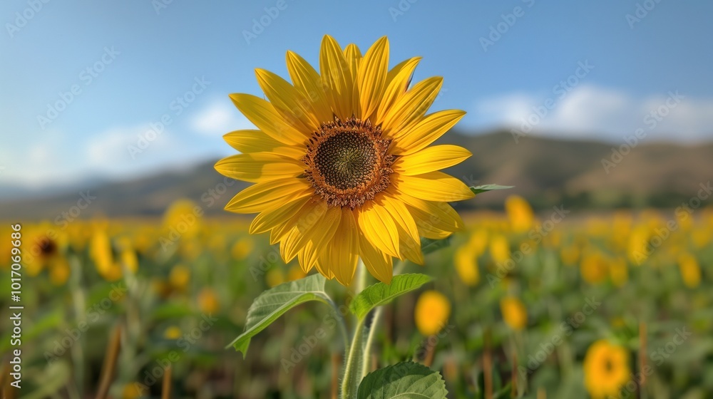 Bright sunflower standing tall in a vast field against a clear blue sky. represents nature's beauty, growth, and the essence of summer. Bright sunflower standing tall in a vast field against a clear blue sky. represents nature's beauty, growth, and the essence of summer.