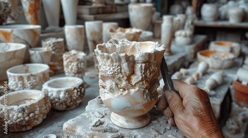 Wallpaper Mural Artisan hand carving intricate stone vase surrounded by finished marble pottery. craftsmanship, skill, and the art of stone carving. Torontodigital.ca
