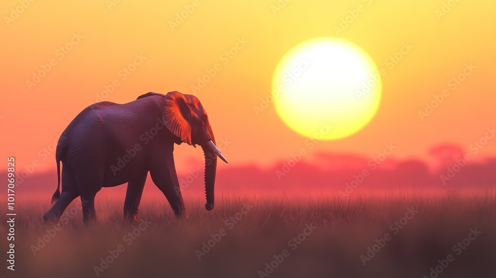 Fototapeta premium An elephant walks through a grassy landscape at sunset, creating a serene atmosphere.