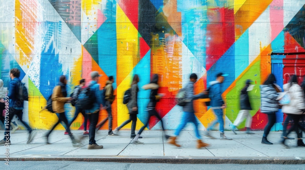 Naklejka premium Blurred pedestrians walking past vibrant geometric street art mural on urban sidewalk. city life, modern art, and dynamic urban movement theme.