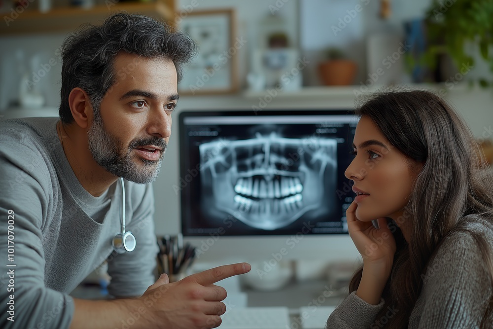 Fototapeta premium A dentist explains x-ray results to a patient during an engaging consultation session