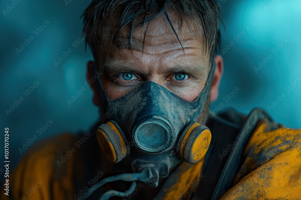 Hand adjusting a protective mask on a worker in a dusty environment against a blue backdrop Hand adjusting a protective mask on a worker in a dusty environment against a blue backdrop