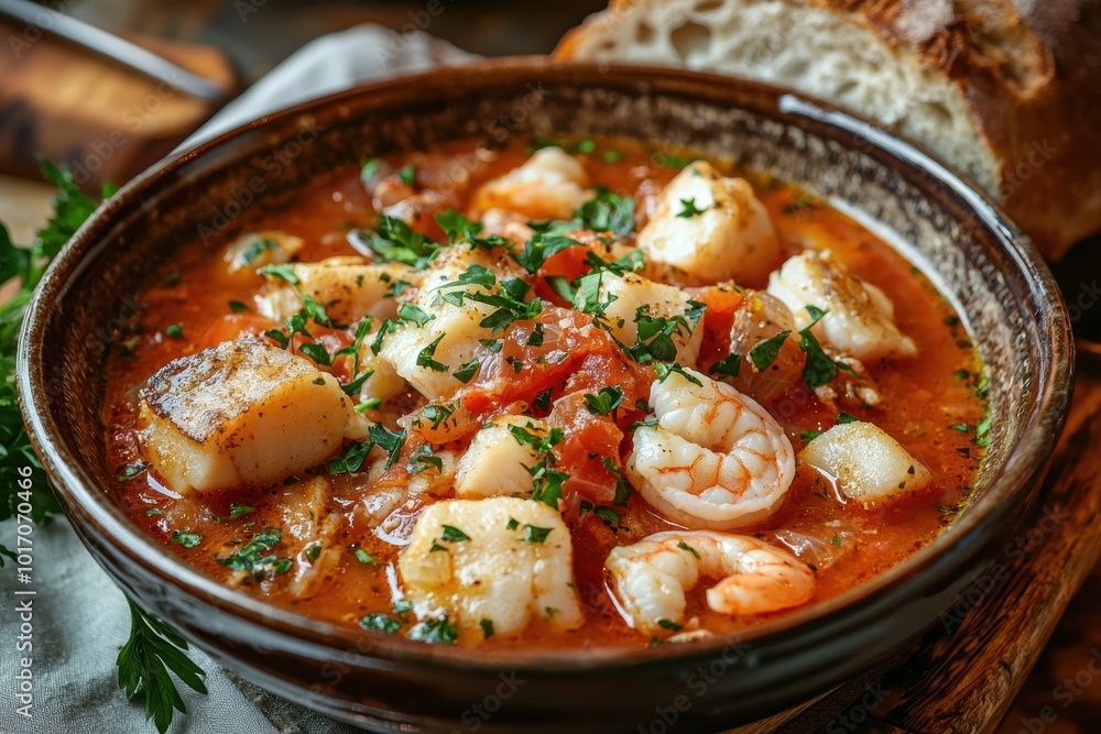 Savory Seafood Stew with Tomato Broth and Herbs Garnished with Fresh Parsley Savory Seafood Stew with Tomato Broth and Herbs Garnished with Fresh Parsley