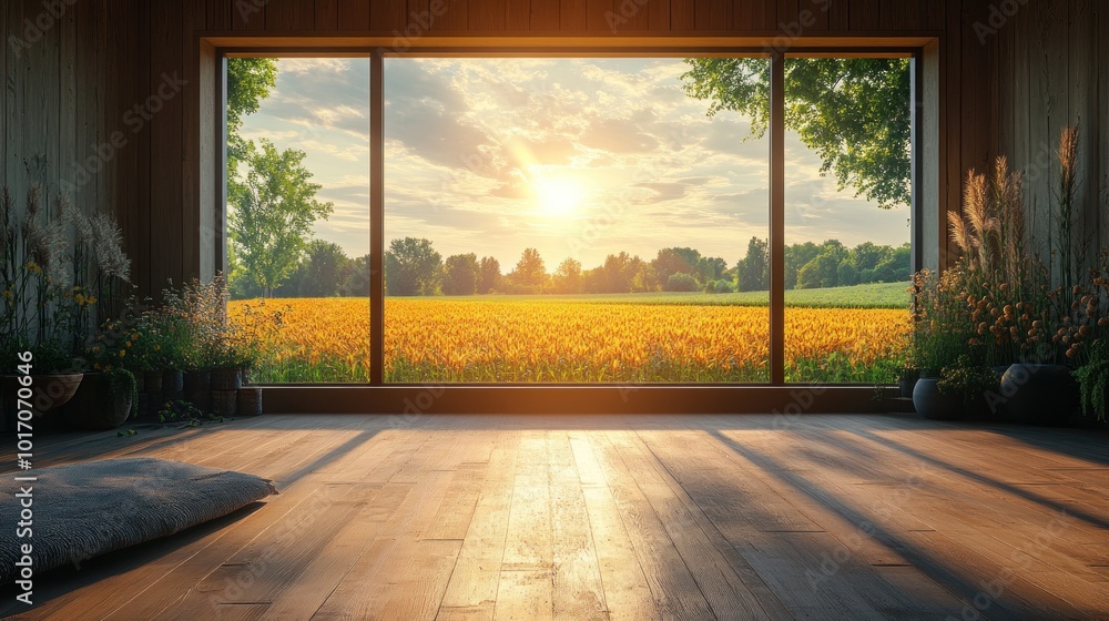 A large window in a modern home overlooks a field of yellow wildflowers at sunset. A large window in a modern home overlooks a field of yellow wildflowers at sunset.