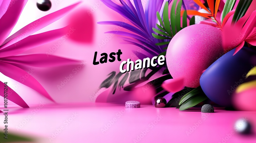 Fototapeta premium Last chance! 3D render of a colorful abstract scene with leaves and a pink sphere.