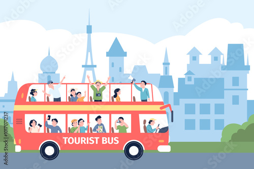 Tourists in seesighting bus tour. City excursion on red bus, travellers looking around on different buildings and sightseeing with speaker, recent vector scene