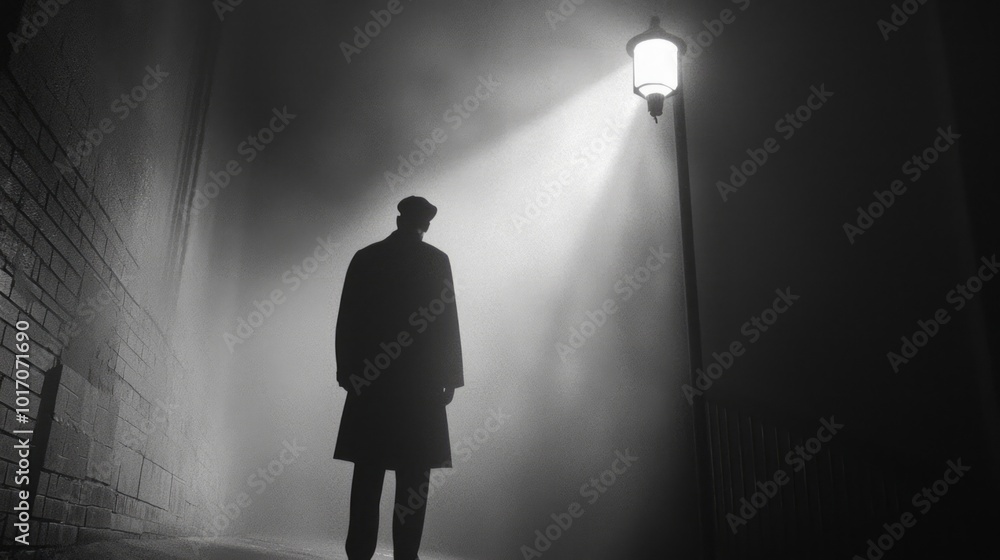 Obraz premium Midnight Mystery: Detective Investigating Crime Scene in Noir Aesthetic, Cinematic Suspense with Shadows and Streetlamp Light