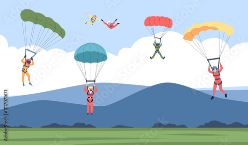 Jump with parachute. Group of skydivers flying with parachutes under valley. Paragliding, extreme sport and activity. People training recent vector scene