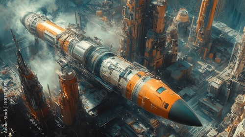 A futuristic rocket ship launches from a dense, industrialized city.