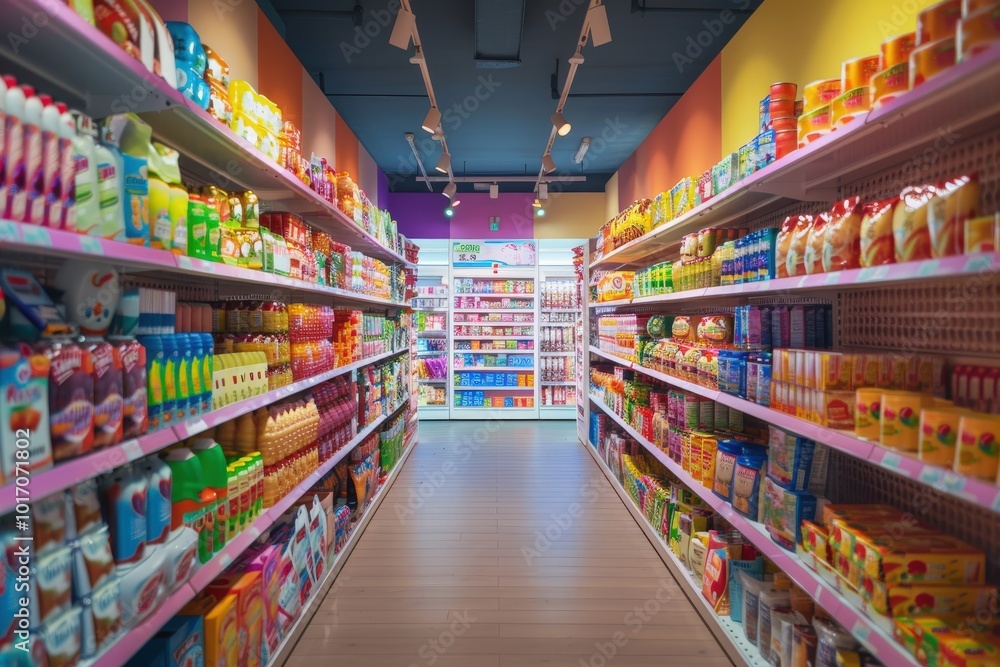 Fototapeta premium A large supermarket aisle with many products on the shelves, generative ai image