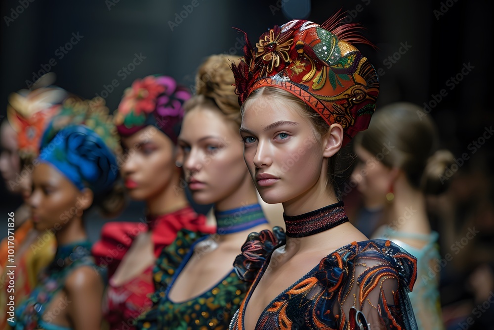 Obraz premium Stunning Fashion Showcase Featuring Models in Vibrant Headpieces and Colorful Attire