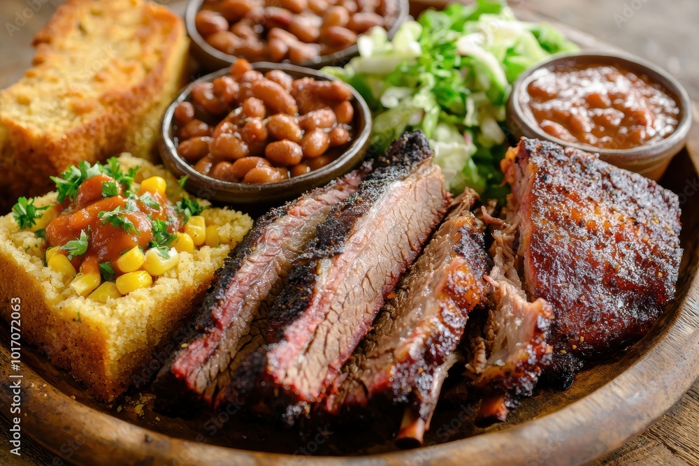 Rustic Barbecue Platter with Smoked Brisket, Ribs, and Pulled Pork for Authentic Southern Dining Rustic Barbecue Platter with Smoked Brisket, Ribs, and Pulled Pork for Authentic Southern Dining